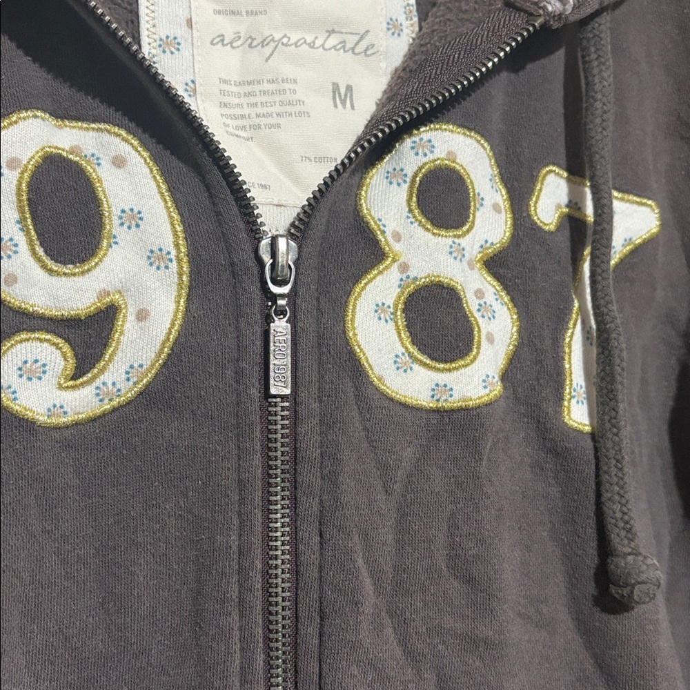 Aeropostale Y2K faded full zip up hoodie spellout 1987 lined‎ hood brown vintage - Picture 2 of 7